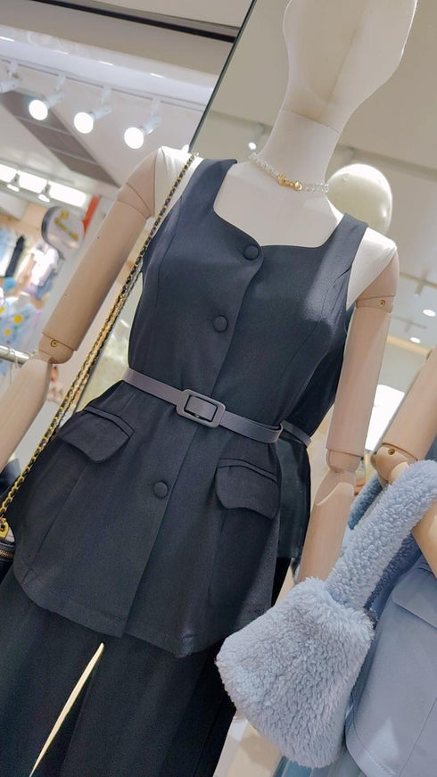 Single Breasted Square Neck Tops And Trousers Sets With Belt